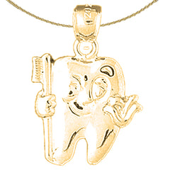 Sterling Silver Tooth With Toothbrush Pendant (Rhodium or Yellow Gold-plated)