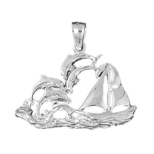 Sterling Silver Dolphins Jumping Through Hoop Pendant