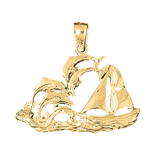 Yellow Gold-plated Silver Dolphins Jumping Through Hoop Pendant