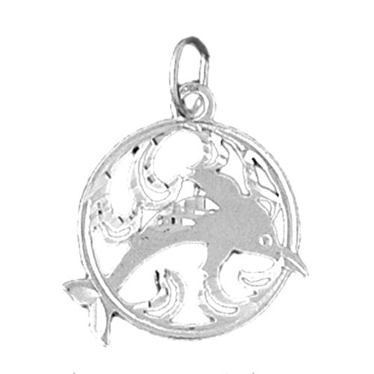 Sterling Silver Dolphins Jumping Through Hoop Pendant