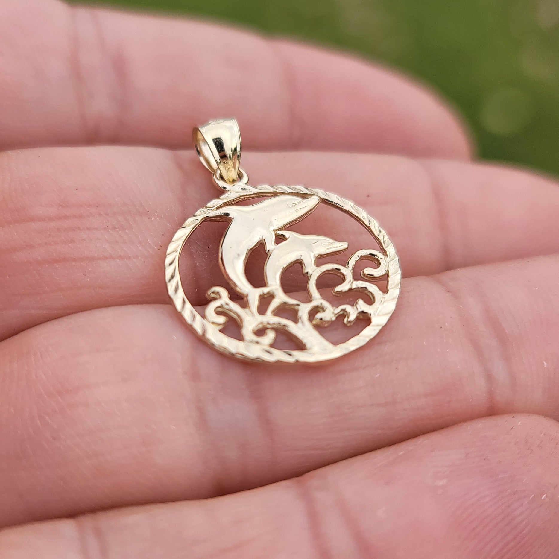 14K or 18K Gold Dolphins Jumping Through Hoop Pendant