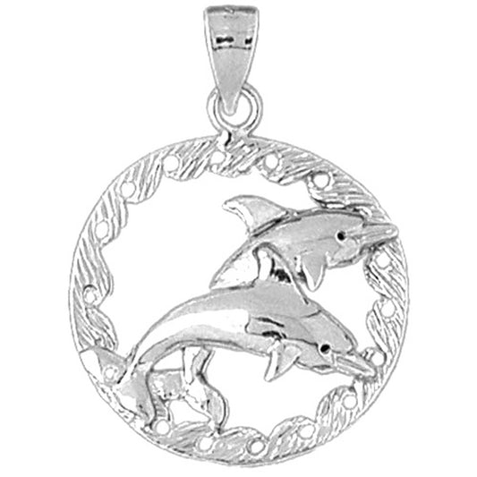 Sterling Silver Dolphins Jumping Through Hoop Pendant