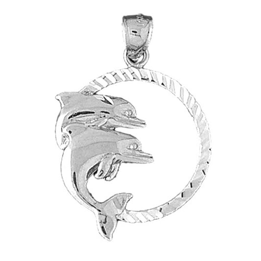 Sterling Silver Dolphins Jumping Through Hoop Pendant