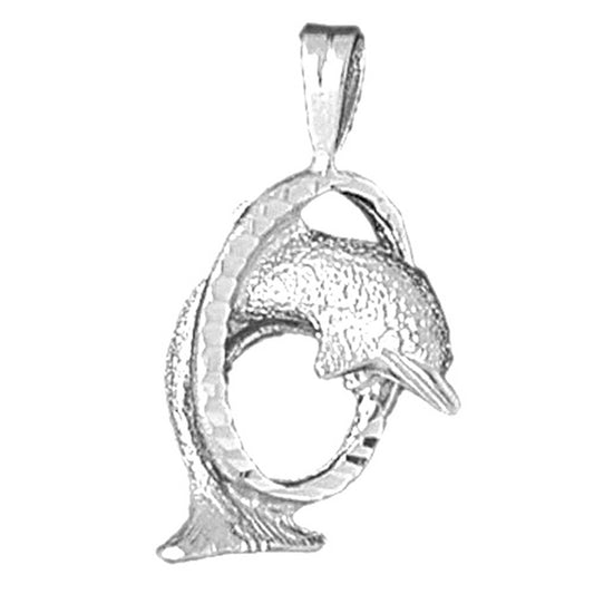 Sterling Silver Dolphins Jumping Through Hoop Pendant