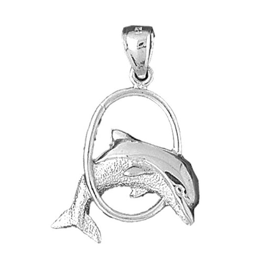 Sterling Silver Dolphins Jumping Through Hoop Pendant