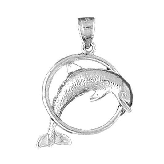 Sterling Silver Dolphins Jumping Through Hoop Pendant