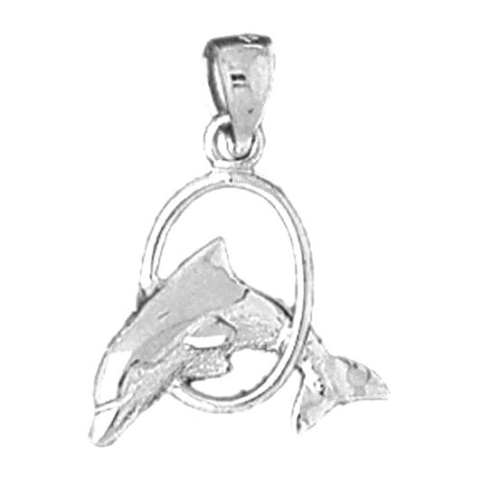 Sterling Silver Dolphins Jumping Through Hoop Pendant