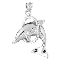 Sterling Silver Dolphins Jumping Through Hoop Pendant