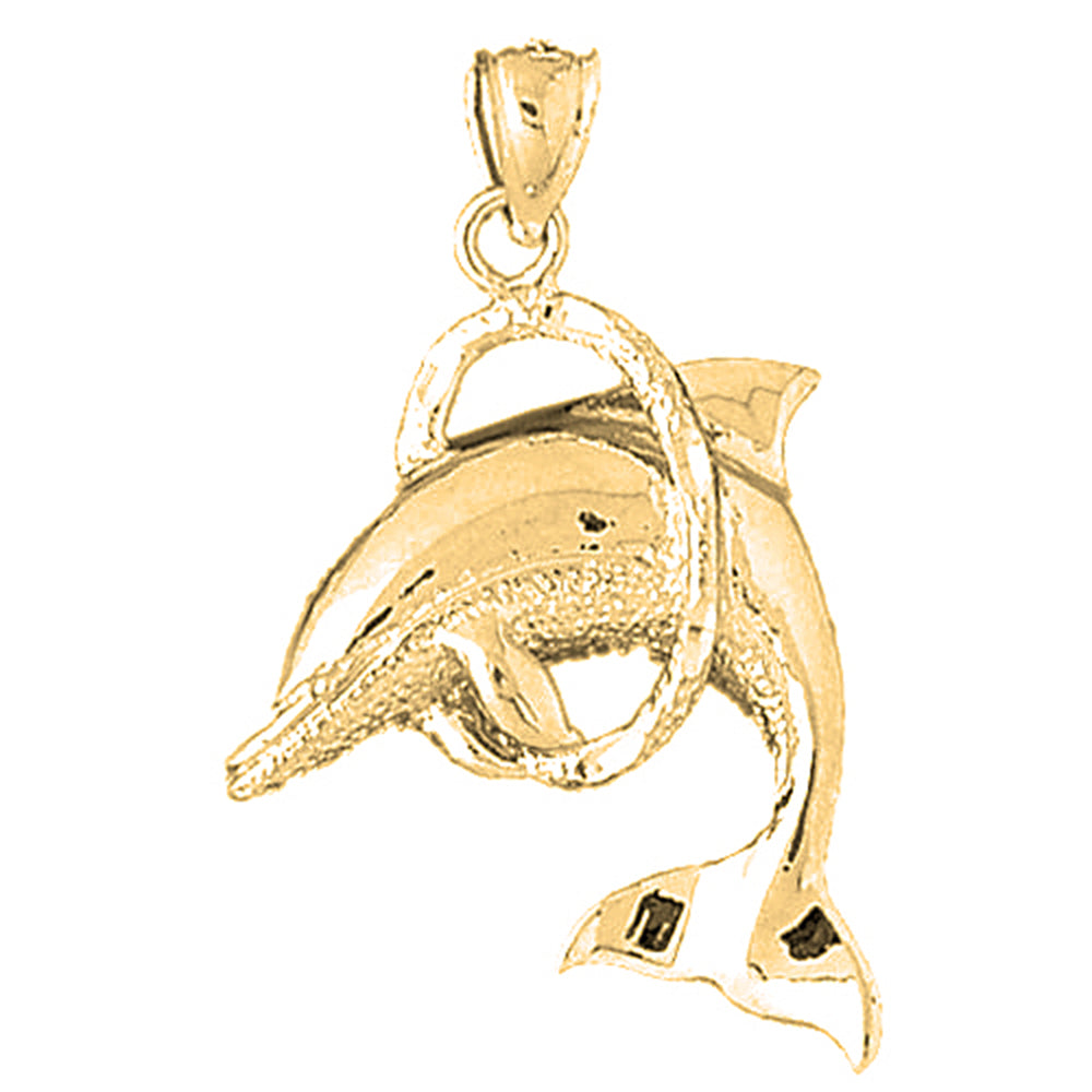 Yellow Gold-plated Silver Dolphins Jumping Through Hoop Pendant