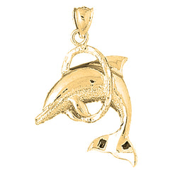 Yellow Gold-plated Silver Dolphins Jumping Through Hoop Pendant