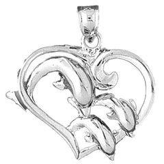 Sterling Silver Dolphins Jumping Through Heart Hoop Pendant