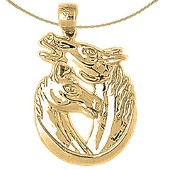 Sterling Silver 3D Horseshoe With Horses Pendant (Rhodium or Yellow Gold-plated)