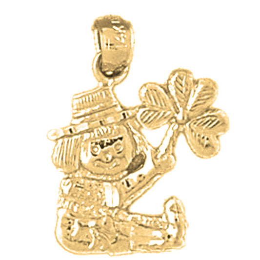 14K or 18K Gold Leprechaun With Clover, Shamrock Pendant