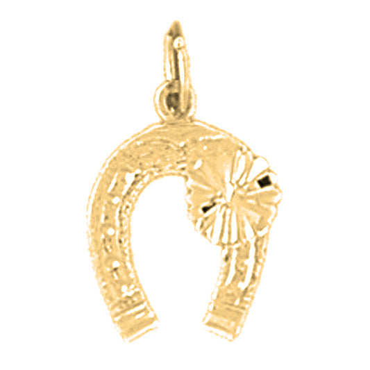 14K or 18K Gold Horseshoe With Clover, Shamrock Pendant