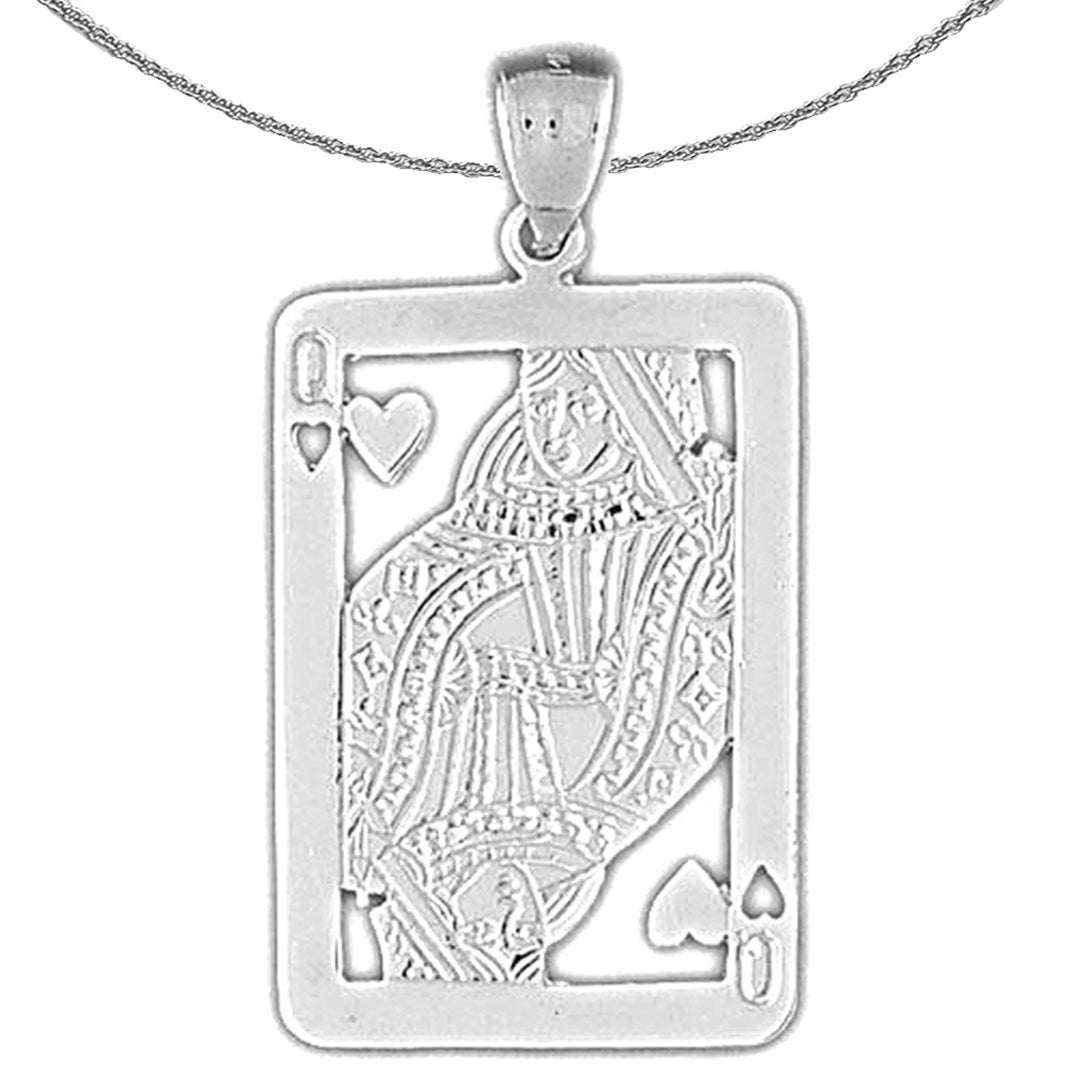 Sterling Silver Playing Cards, Queen Of Hearts Pendant (Rhodium or Yellow Gold-plated)