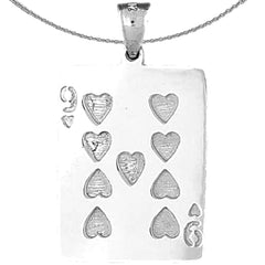 Sterling Silver Playing Cards, Nine Of Hearts Pendant (Rhodium or Yellow Gold-plated)