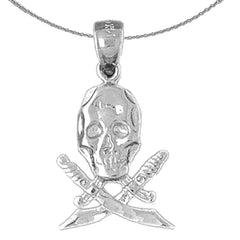 Sterling Silver Skull With Swords Pendant (Rhodium or Yellow Gold-plated)