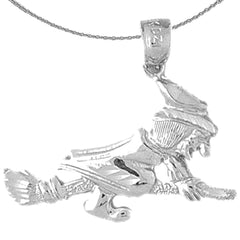 Sterling Silver Witch On Broom Pendant (Rhodium or Yellow Gold-plated)