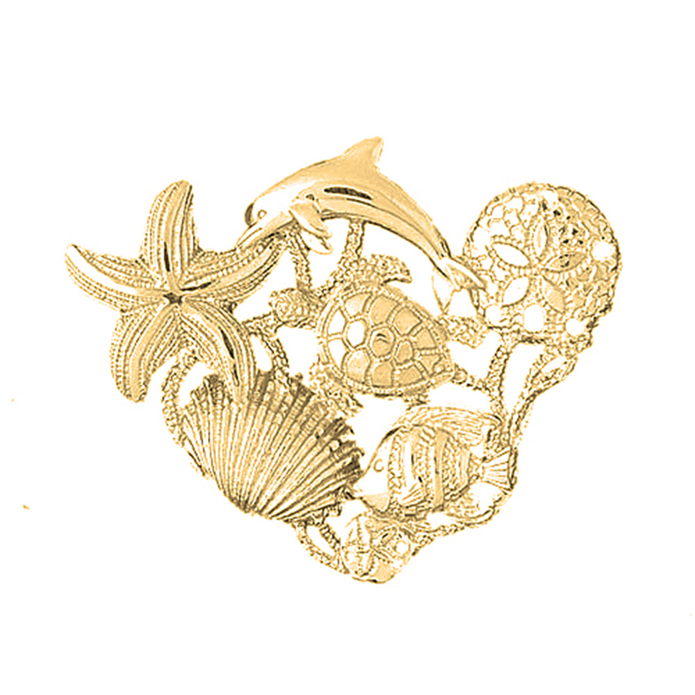 Yellow Gold-plated Silver Dolphins, Starfish, Turtle, Sand Dollar, Shell And Fish Pendant