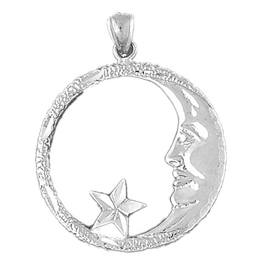 10K, 14K or 18K Gold Crescent Moon Face With Star Pendant