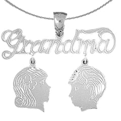 Sterling Silver Grandma With Son And Daughter Pendant (Rhodium or Yellow Gold-plated)