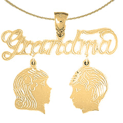 Sterling Silver Grandma With Son And Daughter Pendant (Rhodium or Yellow Gold-plated)