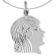 Sterling Silver Girl Head Pendant (Rhodium or Yellow Gold-plated)