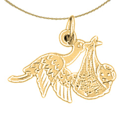 Sterling Silver Stork Baby Pendants (Rhodium or Yellow Gold-plated)