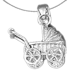 Sterling Silver 3D Baby Stroller Pendants (Rhodium or Yellow Gold-plated)