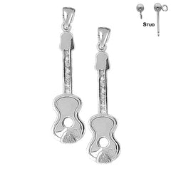 Sterling Silver 48mm Acoustic Guitar Earrings (White or Yellow Gold Plated)