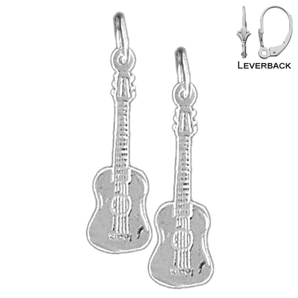 Sterling Silver 25mm Acoustic Guitar Earrings (White or Yellow Gold Plated)