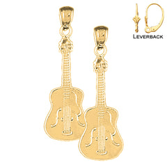 Sterling Silver 33mm Acoustic Guitar Earrings (White or Yellow Gold Plated)