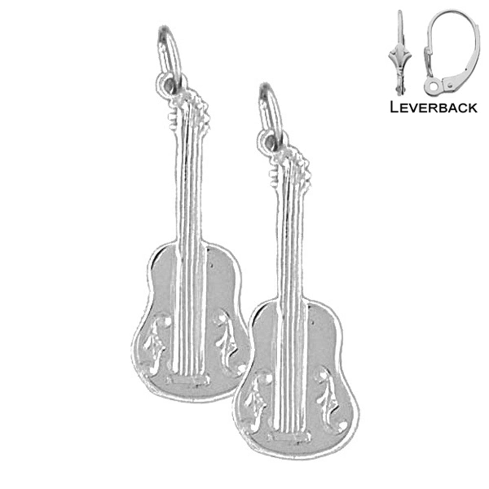 Sterling Silver 29mm Acoustic Guitar Earrings (White or Yellow Gold Plated)