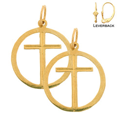 Sterling Silver 21mm Cross in Circle Earrings (White or Yellow Gold Plated)