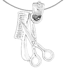 Sterling Silver 3D Scissors And Comb Pendant (Rhodium or Yellow Gold-plated)