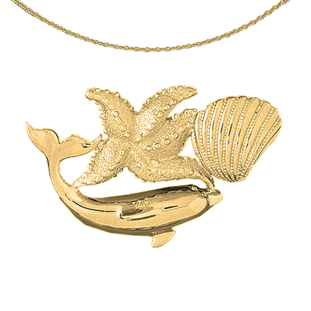 10K, 14K or 18K Gold Dolphin With Starfish And Shell Pendant