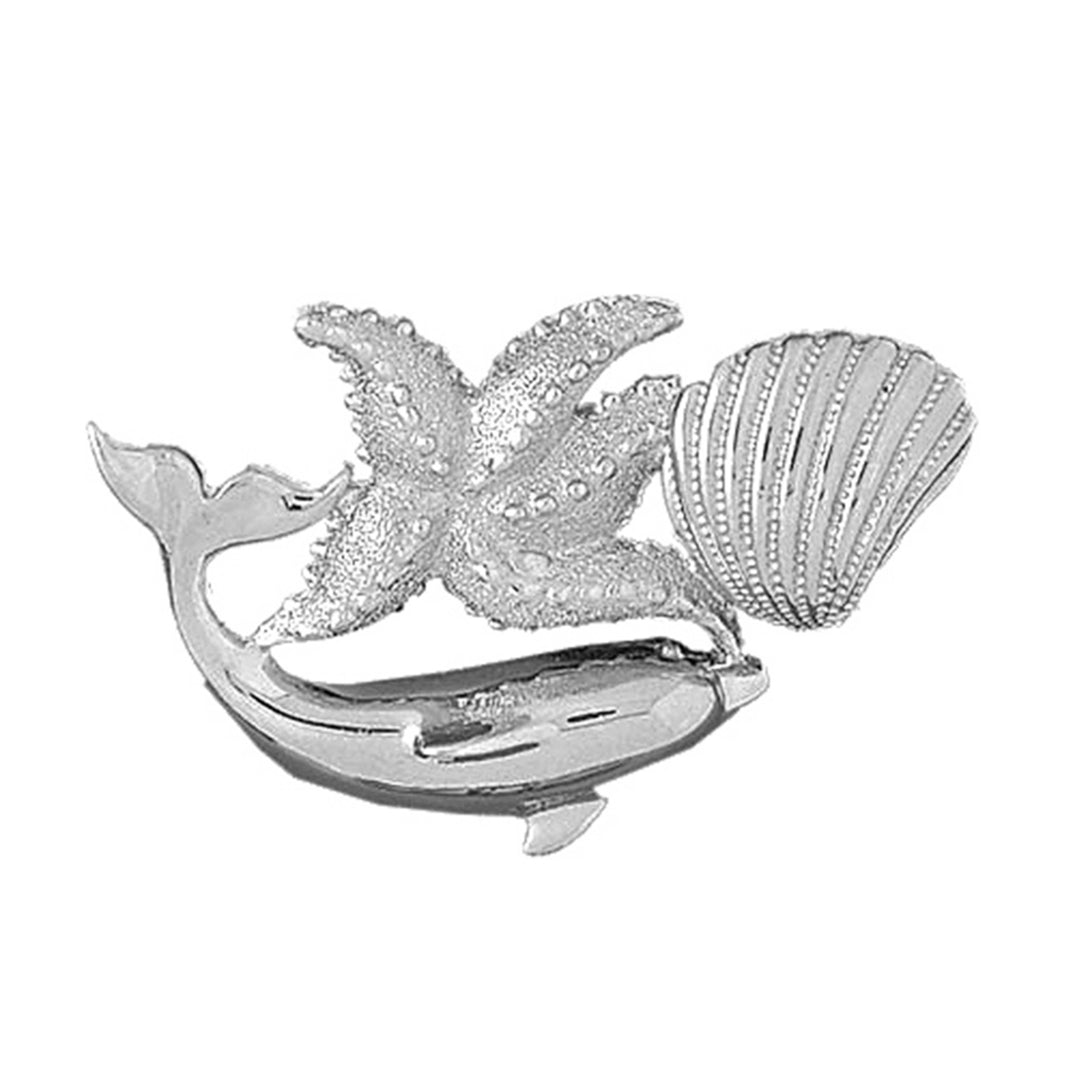 Sterling Silver Dolphin With Starfish And Shell Pendant