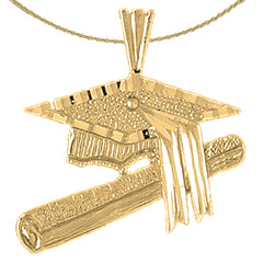 Sterling Silver Granduation Cap/Hat And Diploma Pendant (Rhodium or Yellow Gold-plated)