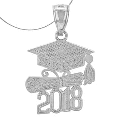 Sterling Silver Graduation Cap, Diploma (With Current Year) Pendant (Rhodium or Yellow Gold-plated)