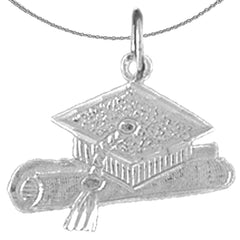 Sterling Silver Grauation Ca, Hat, And Diploma Pendant (Rhodium or Yellow Gold-plated)