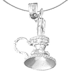 Sterling Silver 3D Two Tone Candle With Candle Stand Pendant (Rhodium or Yellow Gold-plated)