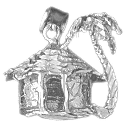 Sterling Silver 3D Palm Tree And Hut Pendant