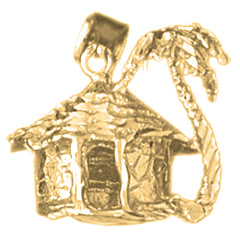 Sterling Silver 3D Palm Tree And Hut Pendant (Rhodium or Yellow Gold-plated)