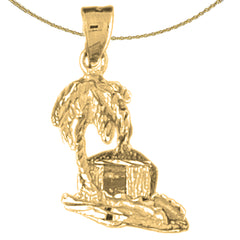 Sterling Silver 3D Palm Tree And Hut Pendant (Rhodium or Yellow Gold-plated)