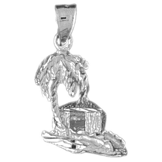 Sterling Silver 3D Palm Tree And Hut Pendant