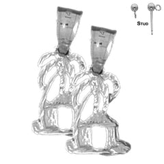 Sterling Silver 18mm Palm Tree And Hut Earrings (White or Yellow Gold Plated)