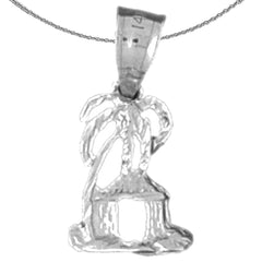 Sterling Silver Palm Tree And Hut Pendant (Rhodium or Yellow Gold-plated)