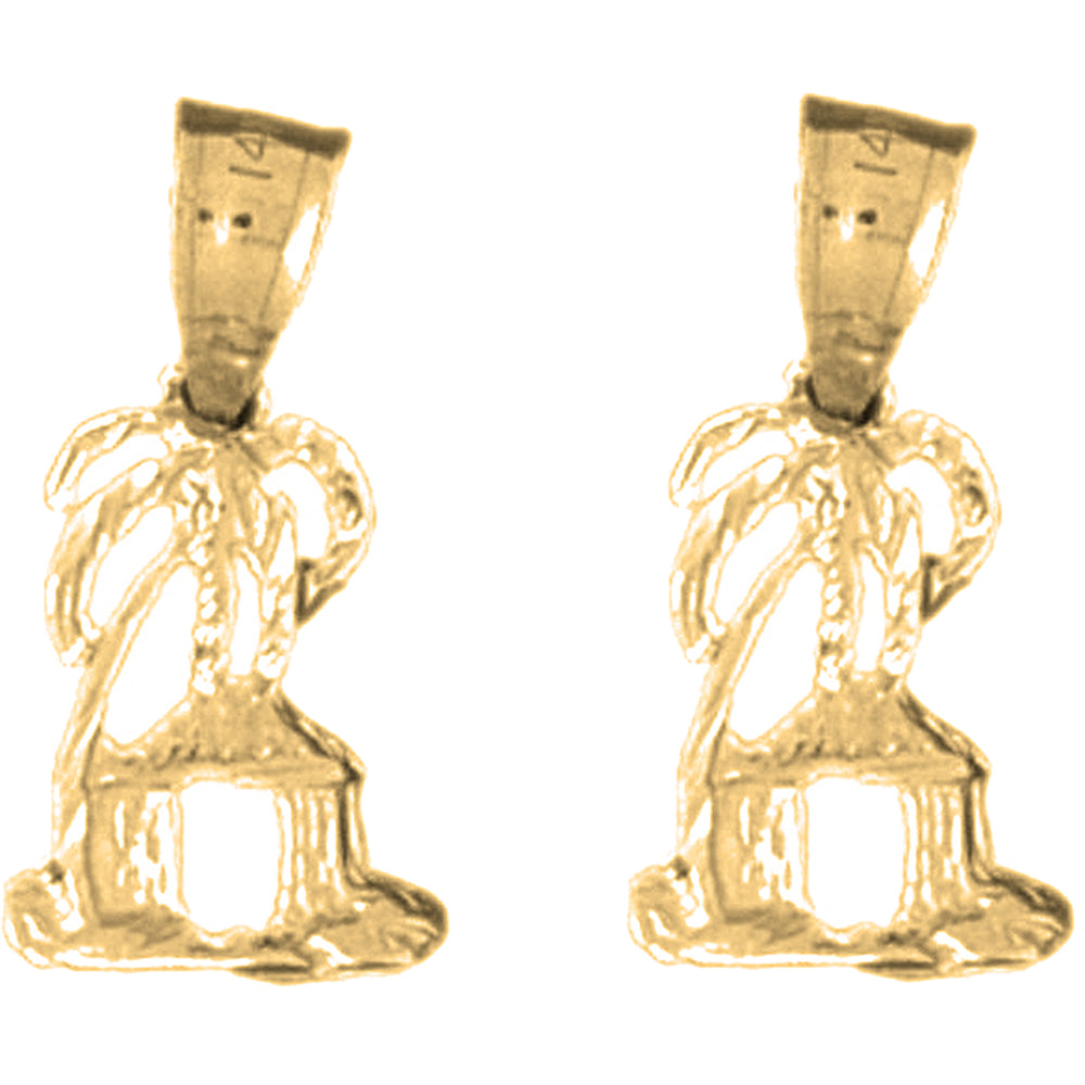 14K or 18K Gold 18mm Palm Tree And Hut Earrings