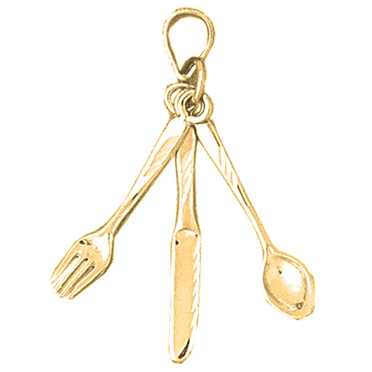 Yellow Gold-plated Silver 3D Utensil Set, Fork, Knife, And Spoon Pendant