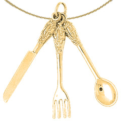 Sterling Silver Utensil Set, Knife, Fork, And Spoon Pendant (Rhodium or Yellow Gold-plated)